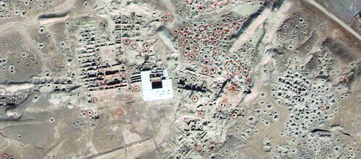 Satellite imagery shows evidence of looting in an archaeological site in Mari, Syria