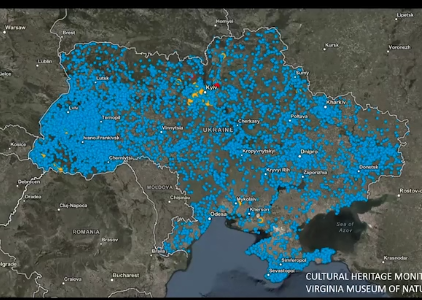 Map of Ukraine with blue markers for cultural heritage sites