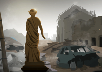 Graphic of statue facing away towards ruins of a city