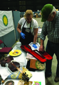 Woman in white shirt and apron and Man in green had and checkered shirt look at a violin in its case